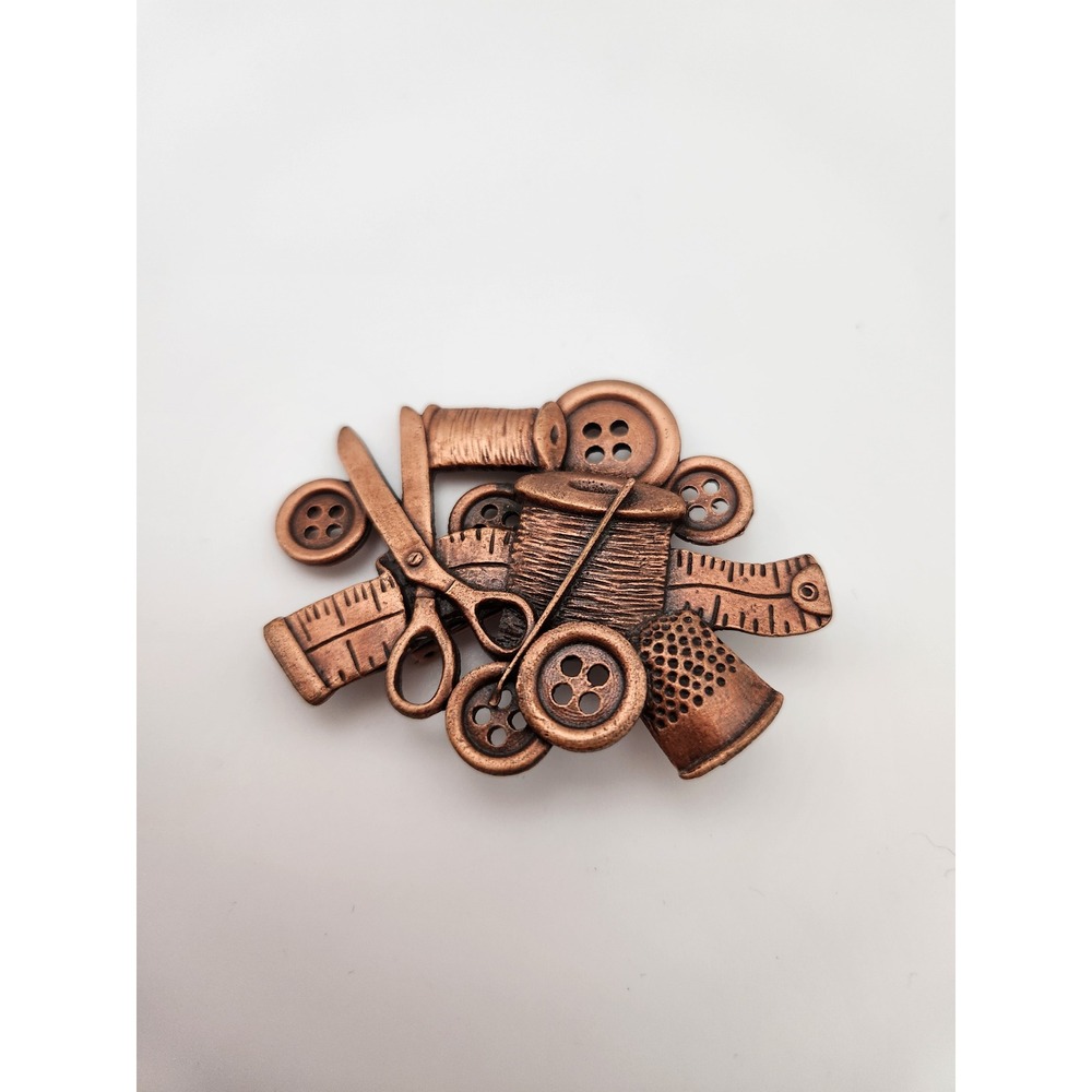 Spoon Pewter Sewing Brooch Women OS Copper Tone Vintage Crafting Scissors Pin